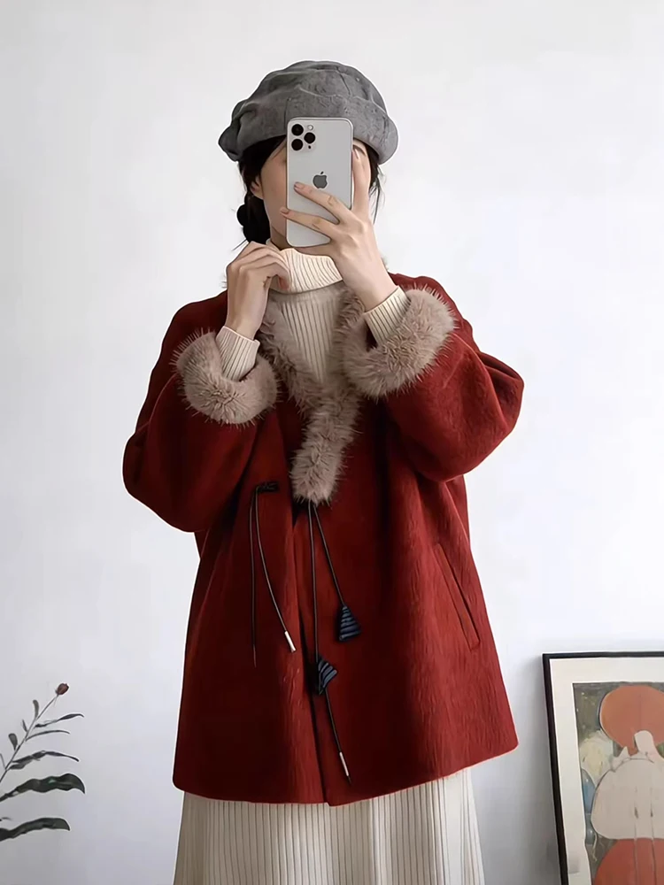 

Red Woolen Coat with Fur Collar for Women New Year Spring Fashionable Elegant Thick Warm Short Outerwear by HZVZ