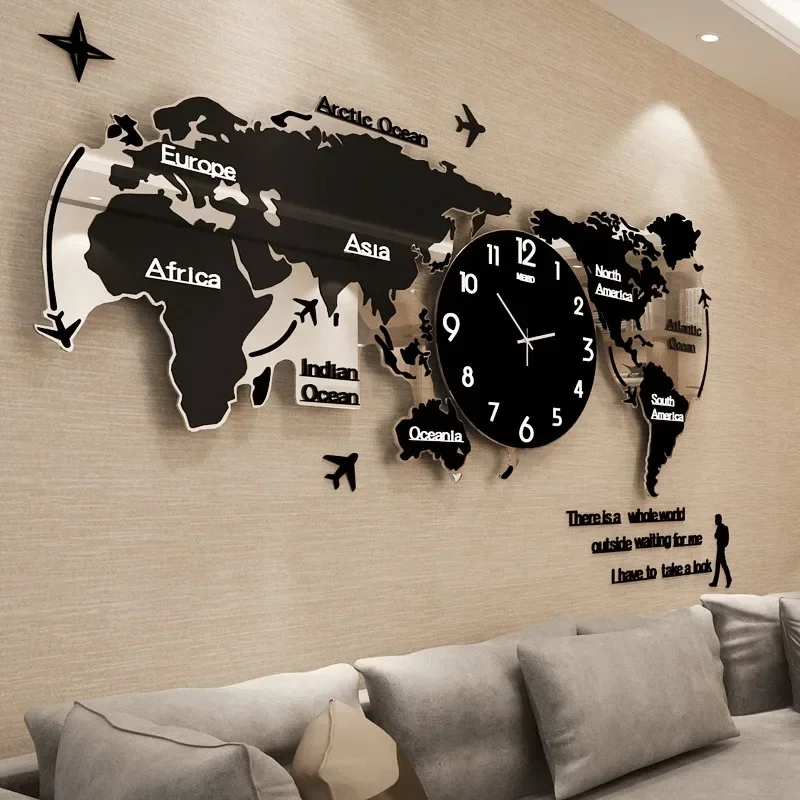 Creative World Map Large Wall Clock Modern Acrylic 3d Clocks Wall Home Decor Living Room Silent Wall Watch Mechanism Saat