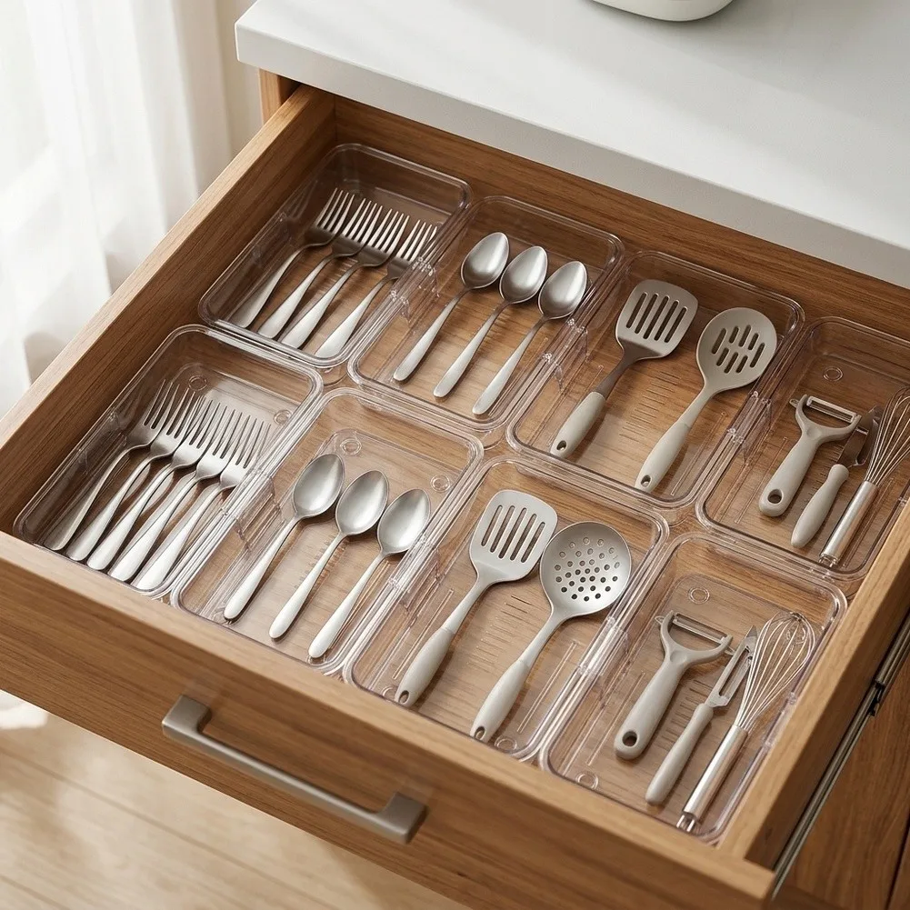 8-Piece Clear Expandable Drawer Organizer Set with Adjustable Dividers for Home Office Kitchen Bathroom and Vanity Drawer Use