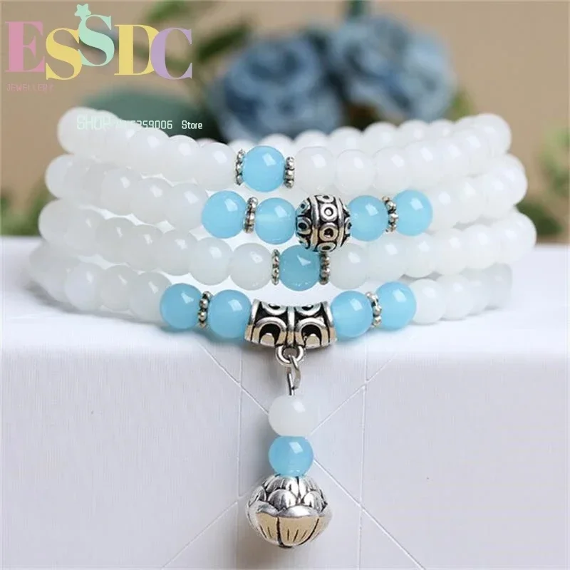 Fresh New Design Natural Chalcedony 108 Mala  Bracelet Multi Circles Blue and White Stone Beads Fashion Women Decorations