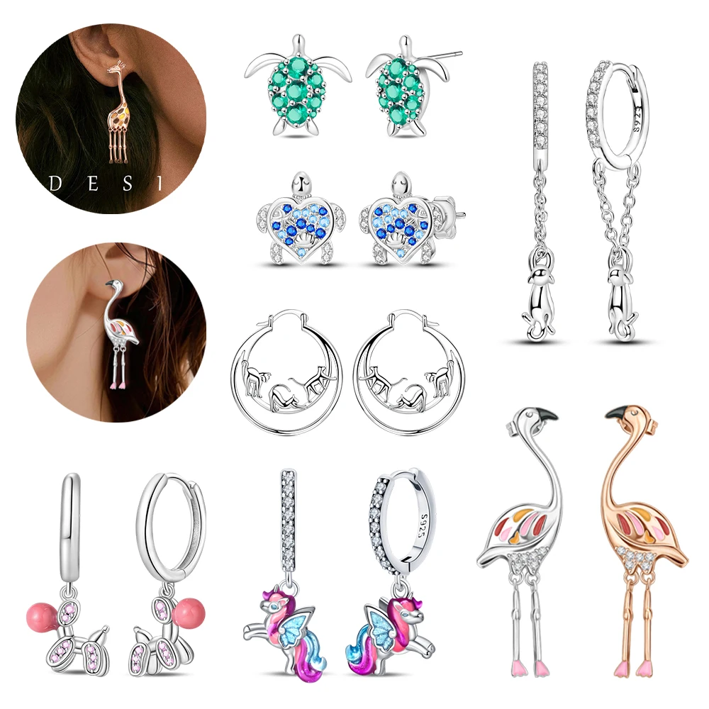 Animal Series 925 Sterling Silver Flamingo Turtle Cat Puppy Unicorn Earrings Cute and Childlike Jewelry Gifts