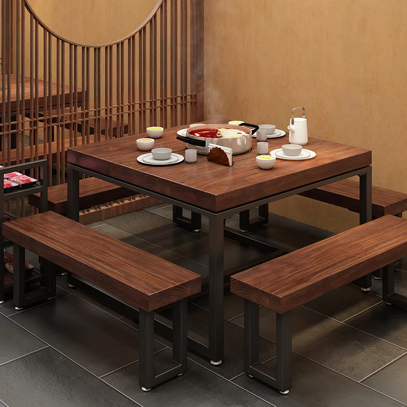 Solid wood hot pot restaurant induction cooker integrated, barbecue restaurant restaurant multi-person table and chair