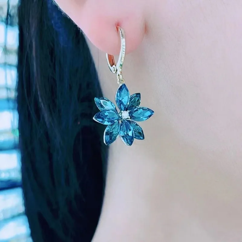 Blue Shiny Double layer Crystal Ice Flower Earrings For Women Personalized Fashion Daily Accessories Party Jewelry Birthday Gift