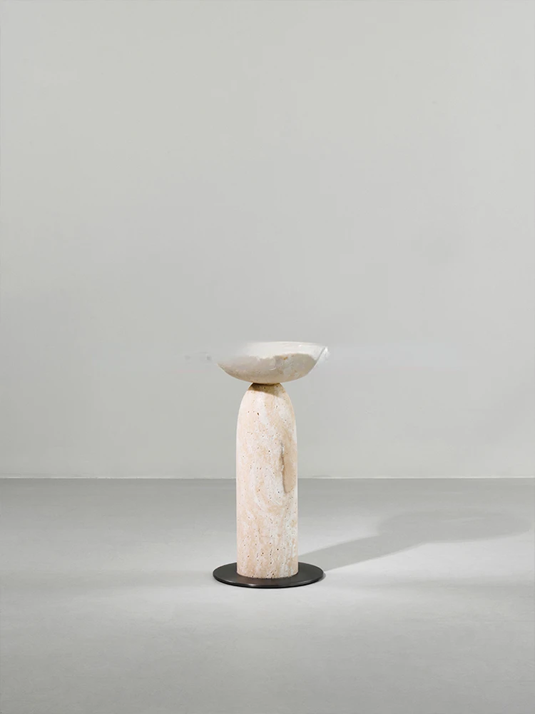 / Round coffee table / Minimalist / White travertine / Natural marble /