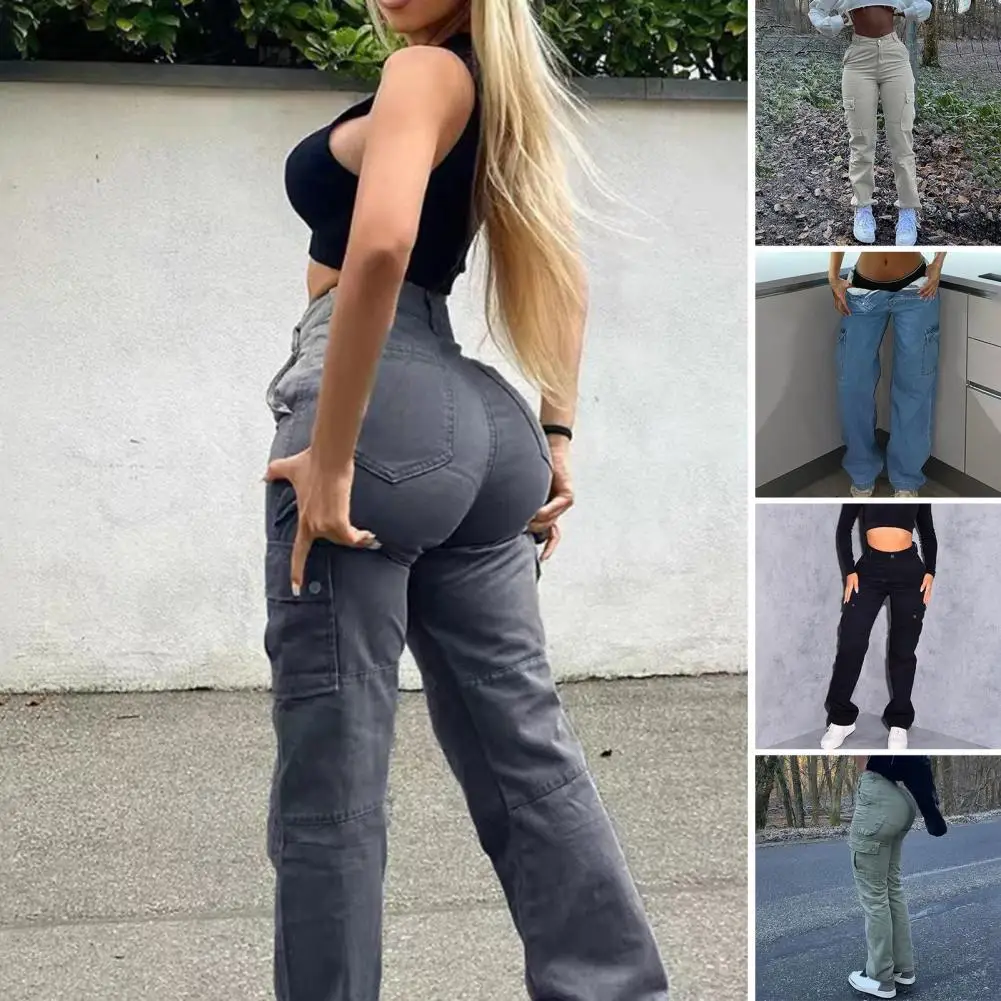 Zipper Button Placket Pants High Waist Women's Cargo Pants with Multiple Pockets Butt-lifted Design Breathable for Streetwear