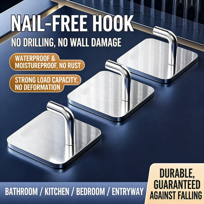 Self Adhesive Stainless Steel Hooks, Punch-Free Strong Load Bearing Wall Hanger for Towel Coat