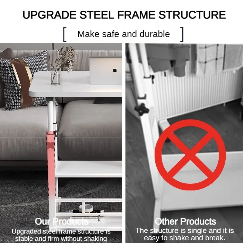 Movable Laptop Desk for Bed, Height Adjustable Study Table with Storage Shelf, Multifunctional Bedside Table for Working Eating