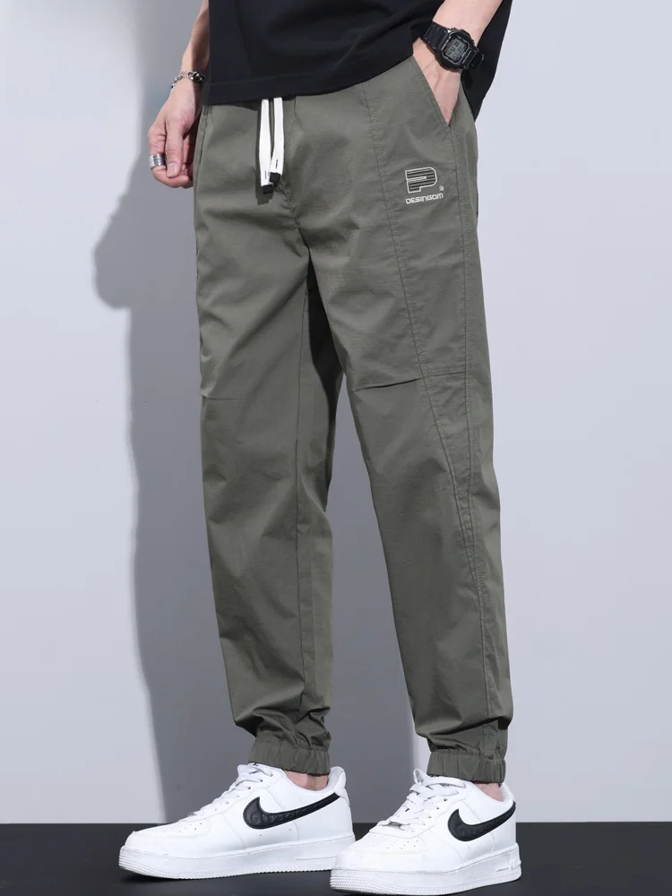 

Мужские повседневные длинные брюки из ледяного шелка, летние тонкие быстросохнущие спортивные свободные брюки с манжетами, модная городская молодежная одежда