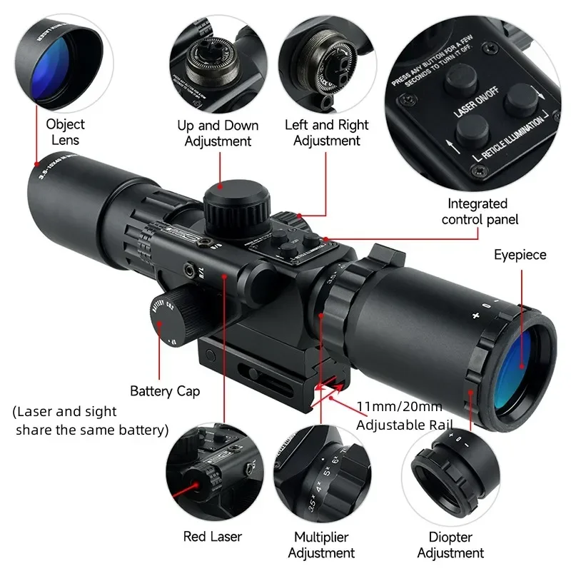 Tactical Combo 3.5-10x40IR with Red Laser Optics Reflex Hunting Adjustable Zoom Scope for 11mm/20mm Guide Rail Hunting Sight