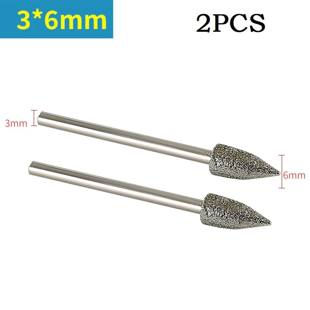 2pcs 3mm Shank Diamond Grinding Head Mounted Bit Burrs Diamond Grinding Wheel For Jade Metal Stone Rotary Tool Access 5/6/8mm