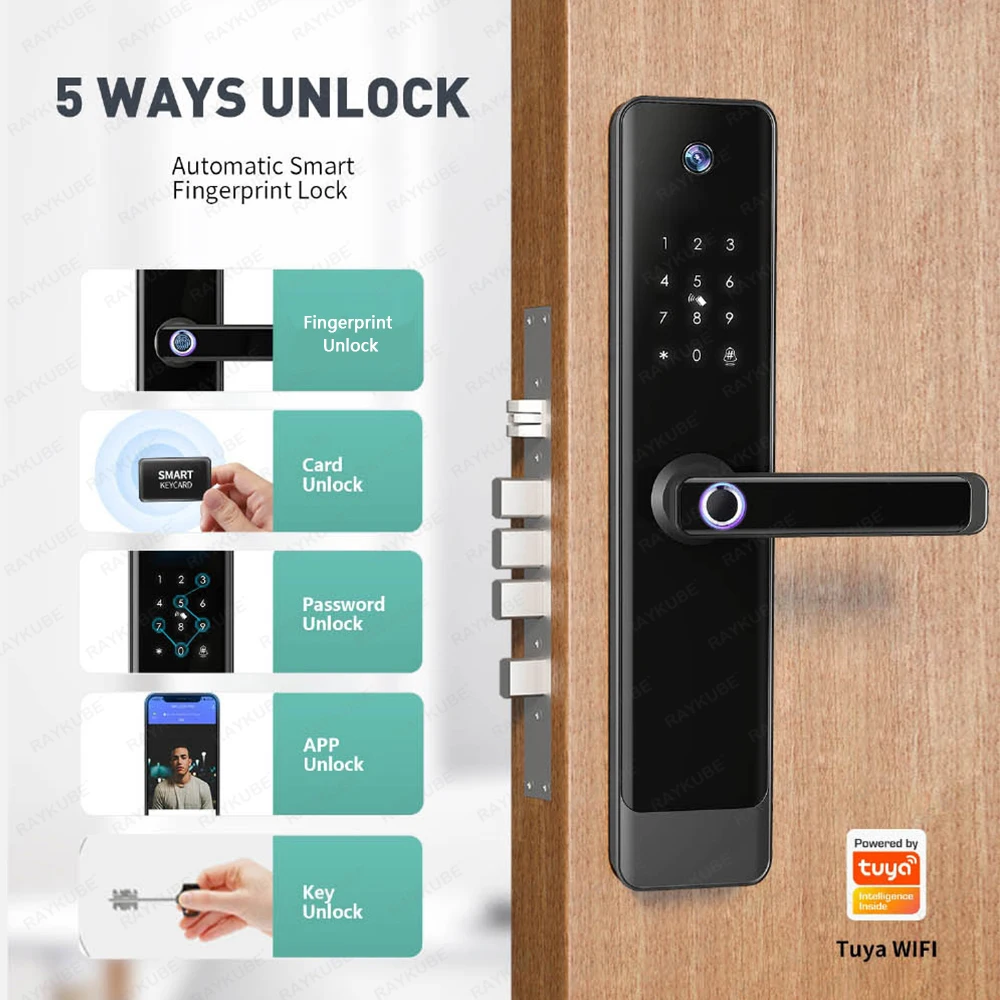 NEW RAYKUBE E90 Tuya Wifi Two-way Audio Video Intercom Fingerprint Camera Smart Door lock With APP Remote Unlock Video Recording