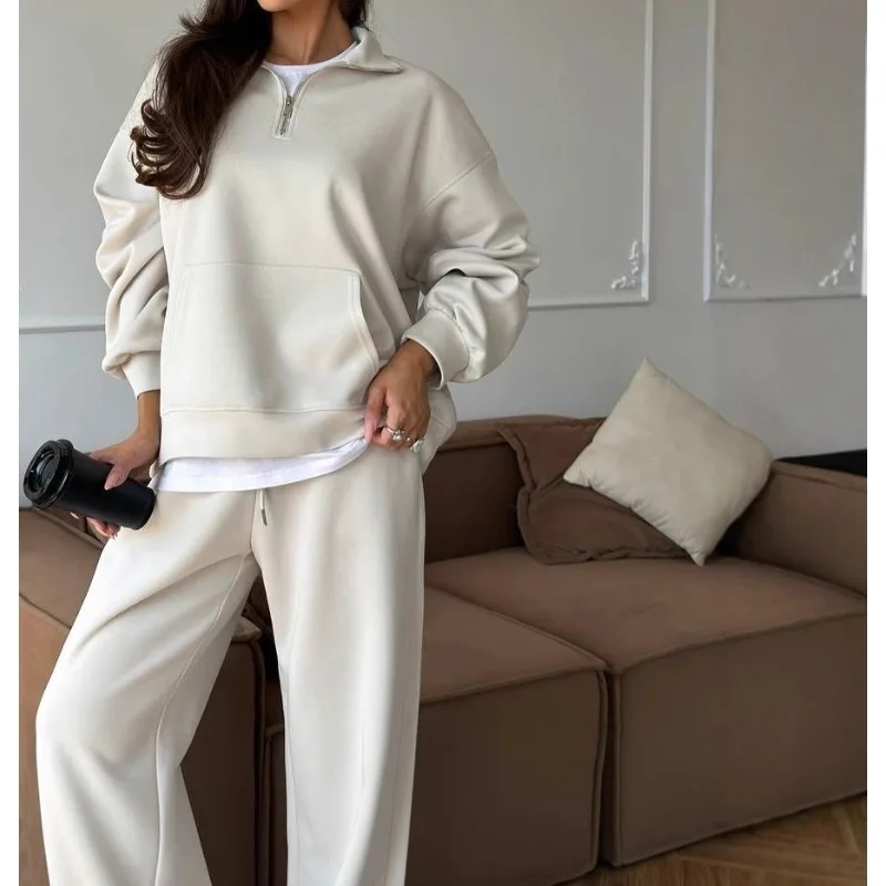 

2025 Casual Women's Cotton Set Zipper Lapel Pullover Sweater Strap Straight Wide Leg Pants Two-piece Set