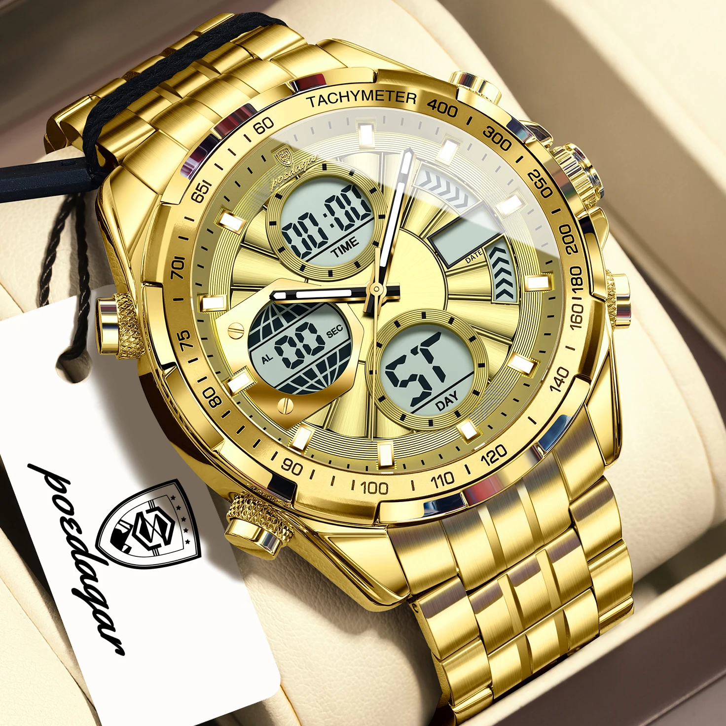 POEDAGAR Fashion Man Wristwatch Electronic LED Waterproof Quartz Men Watch Dual Time Stainless Steel Digital Men's Watches Reloj