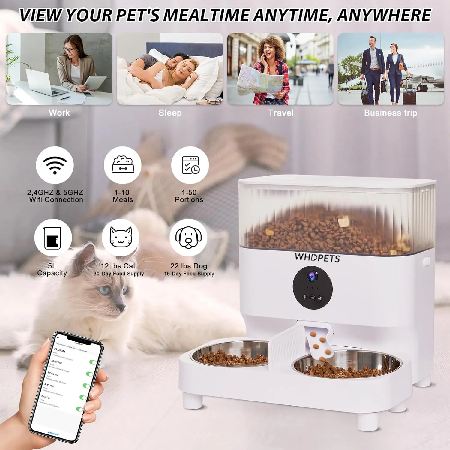 WHDPETS Automatic Cat Feeders 5G WiFi Cat Food Dispenser with 1080P Camera for Pets 5L Pet Feeder with Feeding Mat APP Control