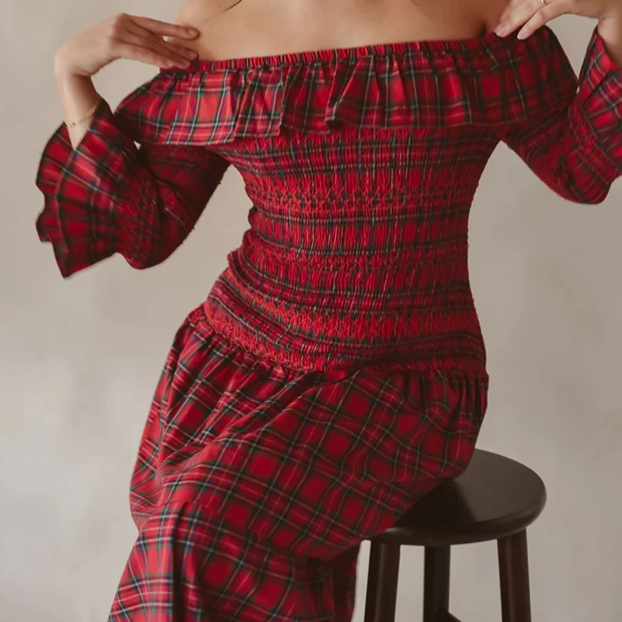 Retro Damenkleid mit Karomuster, knöchellang, lange Ärmel, schulterfrei, gerafftes Oberteil, mehrlagiges Kleid, Vintage-Stil