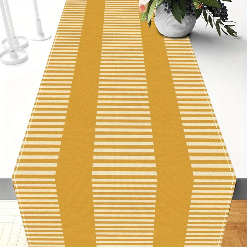 Gelb-weiß gestreifter Tischläufer – Tischschutz aus Leinen für Küche, Esszimmer, Feiertage, Geschenk