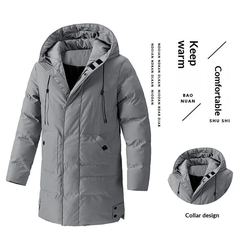 Men's Mid Length Hooded Puffer Coat Full Zip Drawstring Hood Warm Quilted Parka Windproof Multi Pockets Winter Casual Outerwear