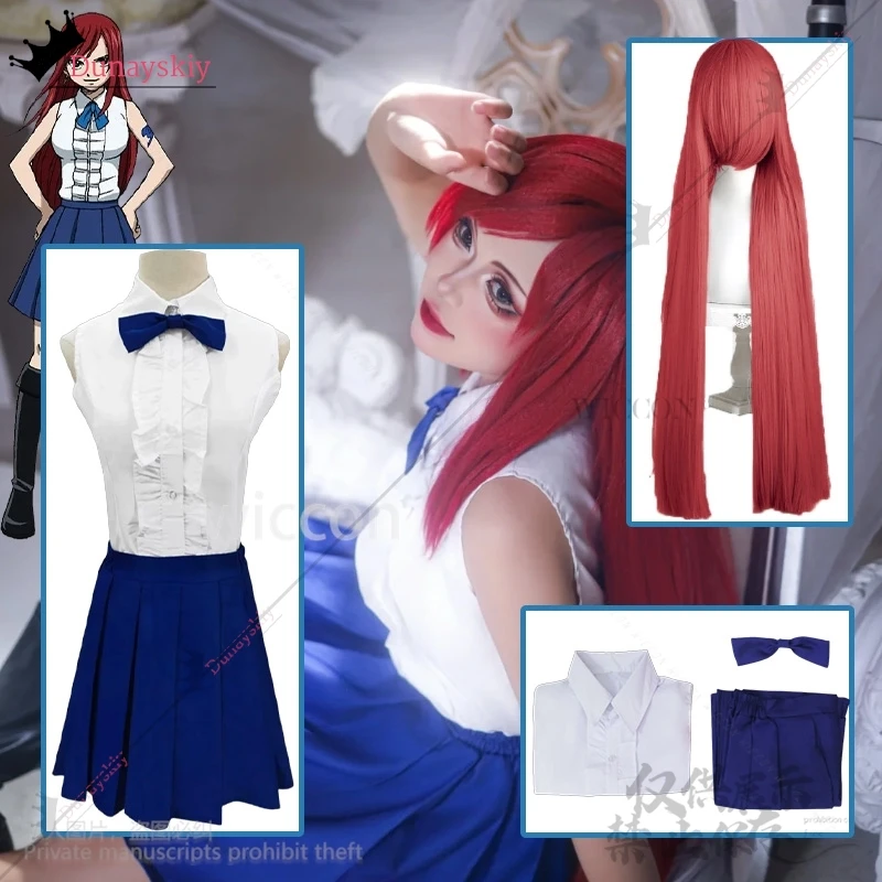 

Erza Scarlet Cosplay Anime FAIRY Costume JK School Uniform Sleeveless Shirts Blue Gradient Dress Y2K Lolita Tattoo Halloween