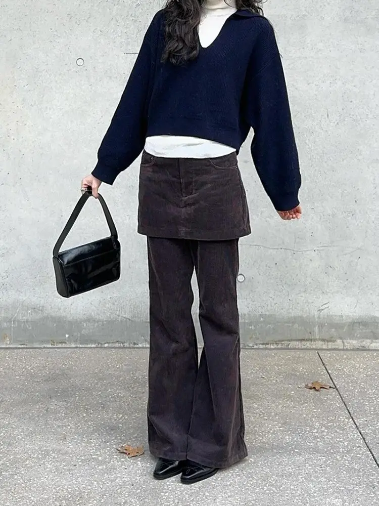 2025 Design Sense Stacked Corduroy Skirt Pants Women's Fake Two Piece Micro Horn Floor Pulling Pants