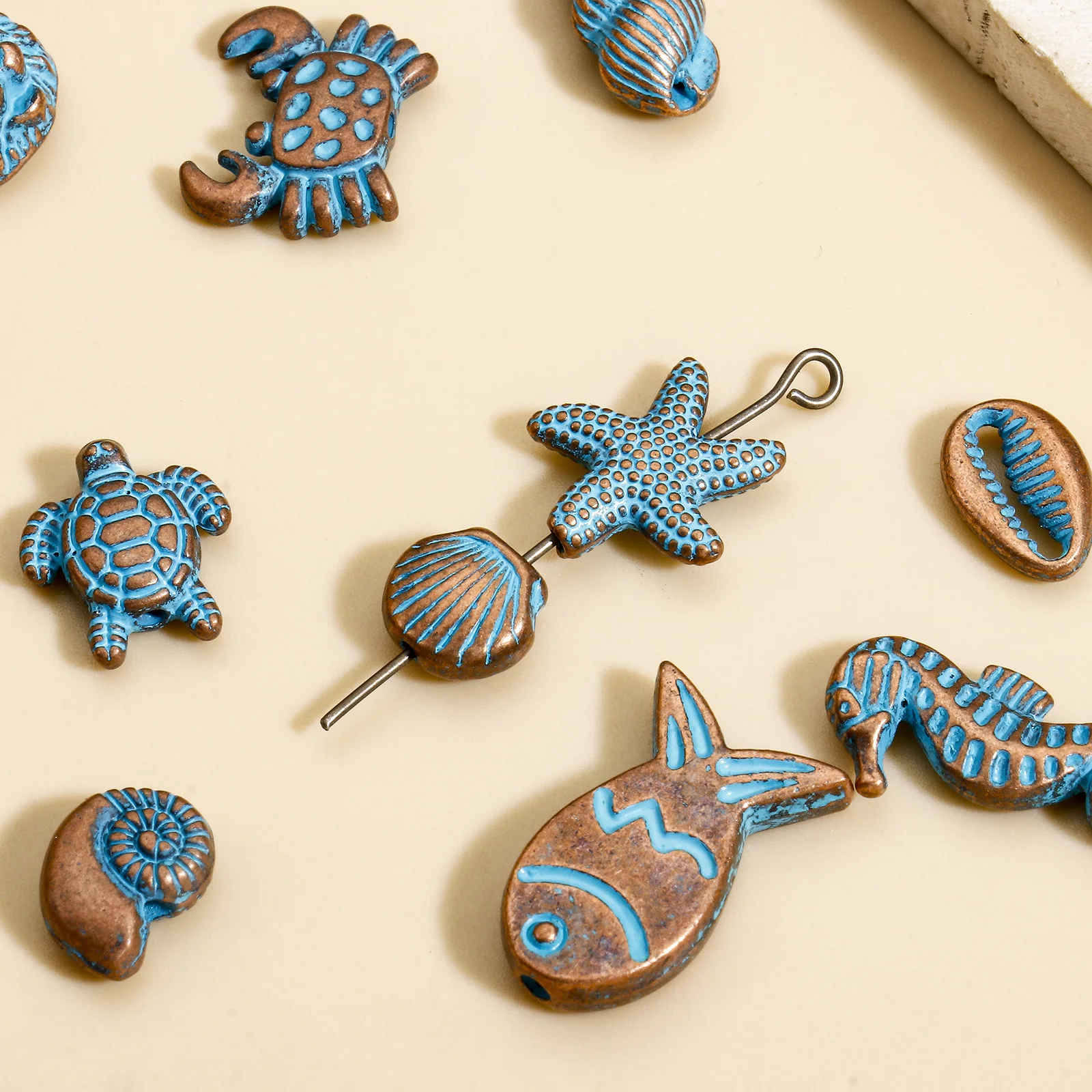 30 PCs  Ocean Jewelry Spacer Beads Antique Copper Blue Star Fish Mermaid Patina Zinc Based Alloy For DIY Charm Jewelry Making