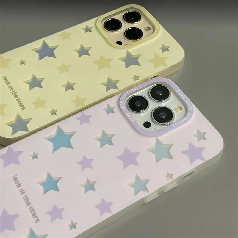 Yellow Laser Card Glittering Stars Phone Case For iPhone 14 13 12 11 Pro XS MAX XR 7 8 Plus Mini SE2020 Silicone Cover Cases