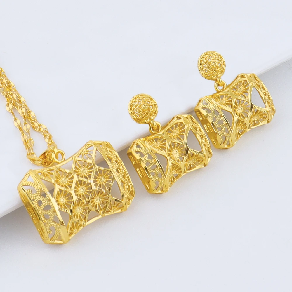 Indisches Dubai Luxus unregelmäßige 24k Gold Farbe Halskette Ohrringe Schmuckset Alltagskleidung Hochzeitstag Geschenke – Detail 3