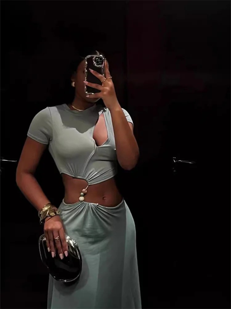 Nieregularna Sukienka Hollow Damska z Dekoltem O-Neck Bez Talii Patchwork Falbanki Dół Wiosna 2025 Moda Elegancka Szykowna Długa Obcisła