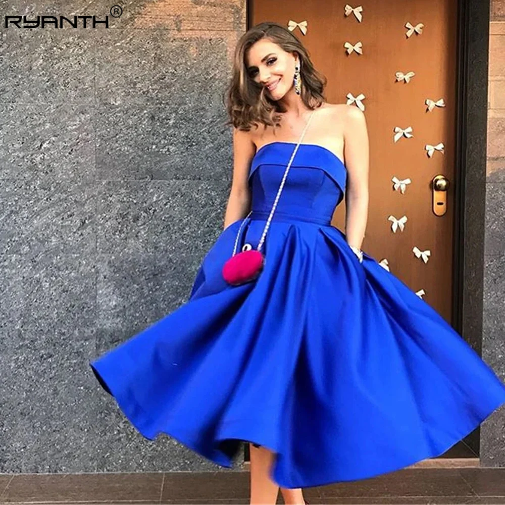 

Ryanth Royal Blue Satin Prom Dress Knee-Length Formal Sleeveless Evening Dress with Pockets 2024 Women Party Dress Back Lace Up