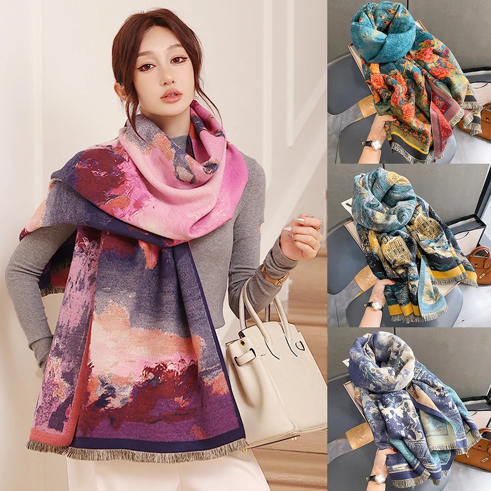 New Retro Cashmere Scarf Oil Painting Series Fashion Thickened Double-sided Scarf Dual-purpose Air Scarf Women Luxury Shawl