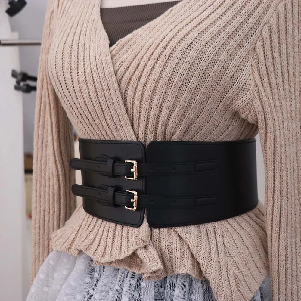 

Elegant Adjustable PU Cummerbunds Solid Color Elastic Corset Belt Leather Waistband Wide Waist Corset Outfits