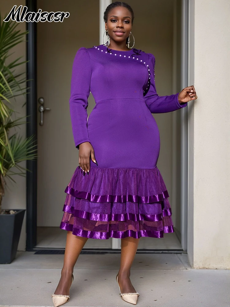 Mlaiscsr Elegant Purple Long Sleeve Mermaid Dresses O Neck Pearl Tierred Bodycon Weddingd Guest Evening Birthday Cocktail Party