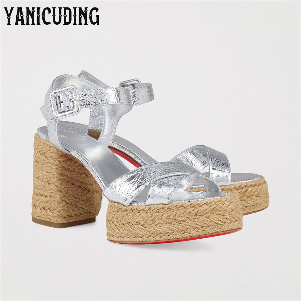 

Metallic Leather Platform Espadrille Sandals Braided Jute Block Heel Summer Shoes Crisscross Vamp Adjustable Ankle Strap Sandals