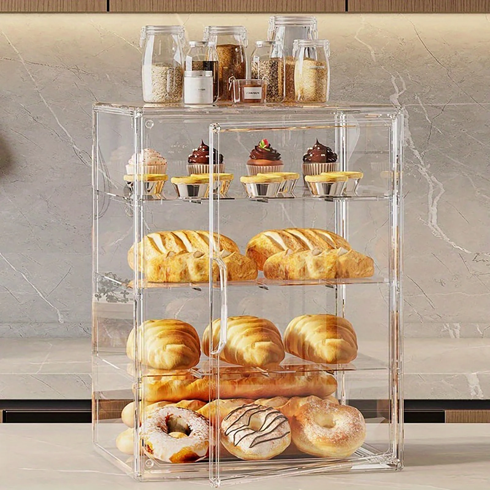 4-lagige transparente Kunststoff-Brotbox mit Deckel, Gebäckvitrine, verstellbarer transparenter Kuchenhalter für Kekse, Geburtstagskuchen, Chips
