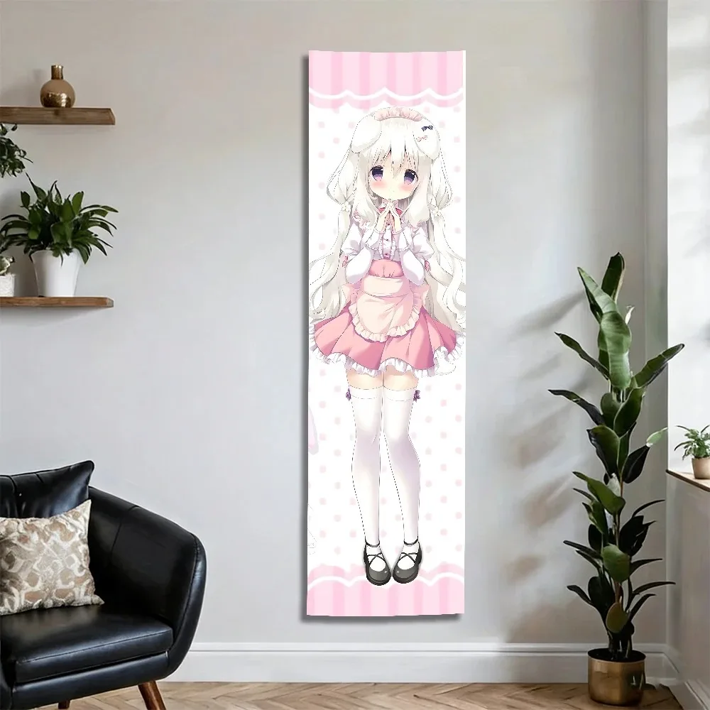 Kawaii White Hair Animal Ear Girl Long Door Curtain, Sweet Pink Lolita Outfit Vertical Fabric Panel, Printed Door Cover For Bedr