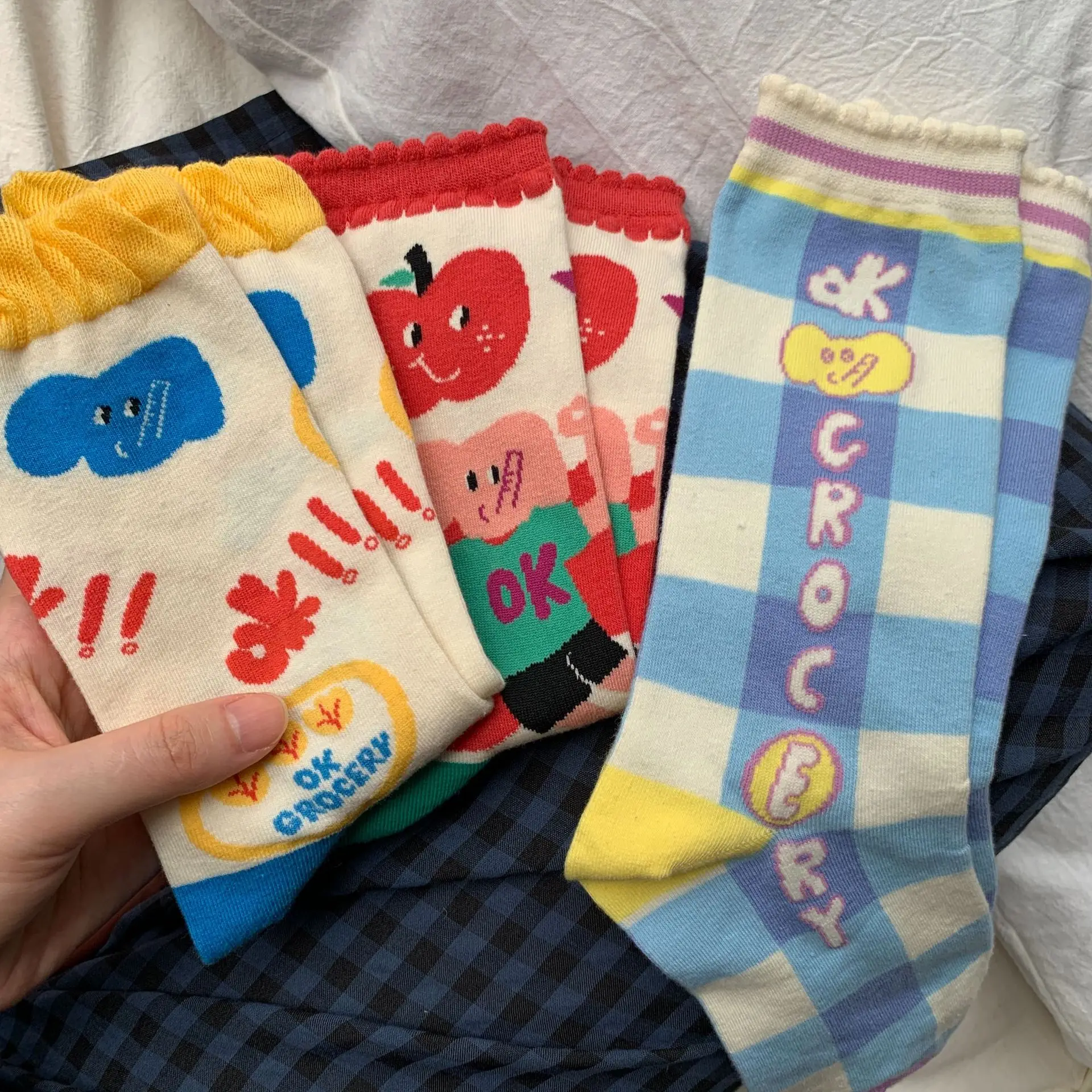 3 pairs woman cartoon tomato pattern tube socks Korean tube tide JK girls Day dress socks cute funny socks