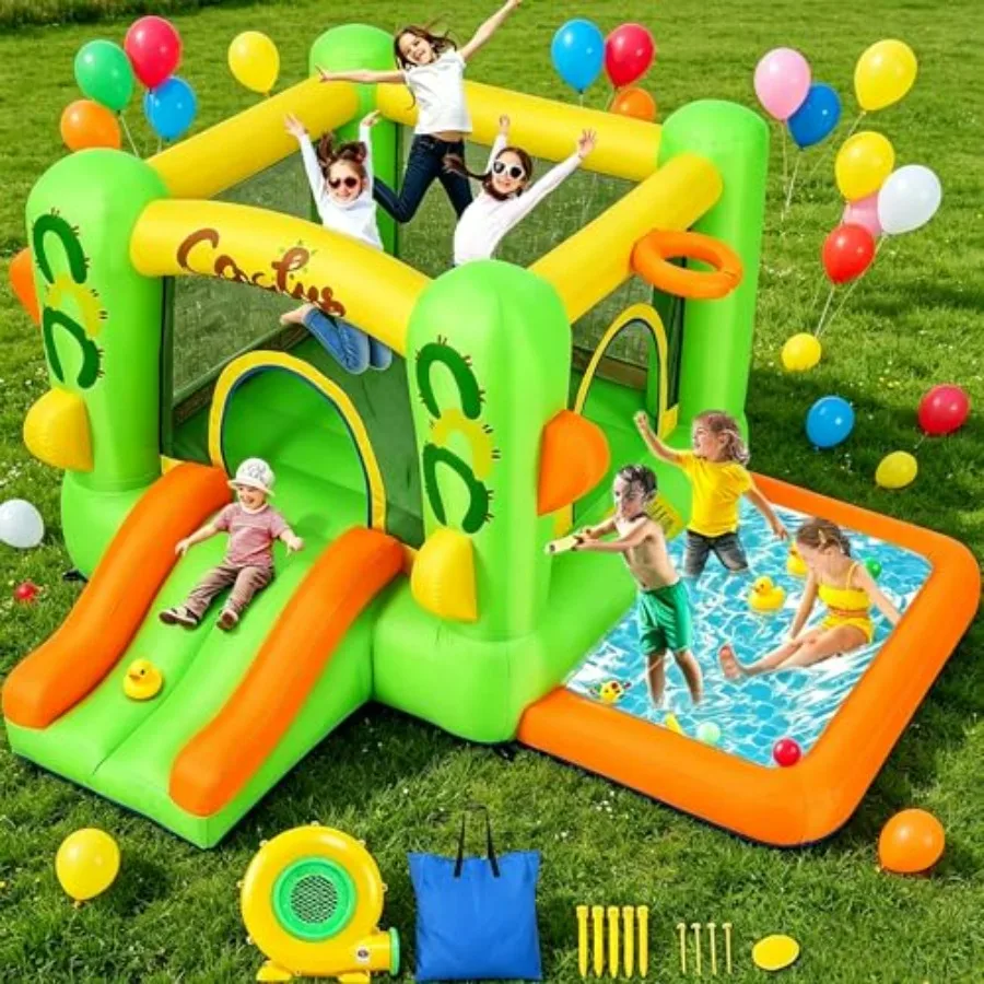 Inflatable Bounce House for Indoor Outdoor Use, Green PVC Bouncy Castle with Splash Pool, Durable Waterproof Material, Easy Set