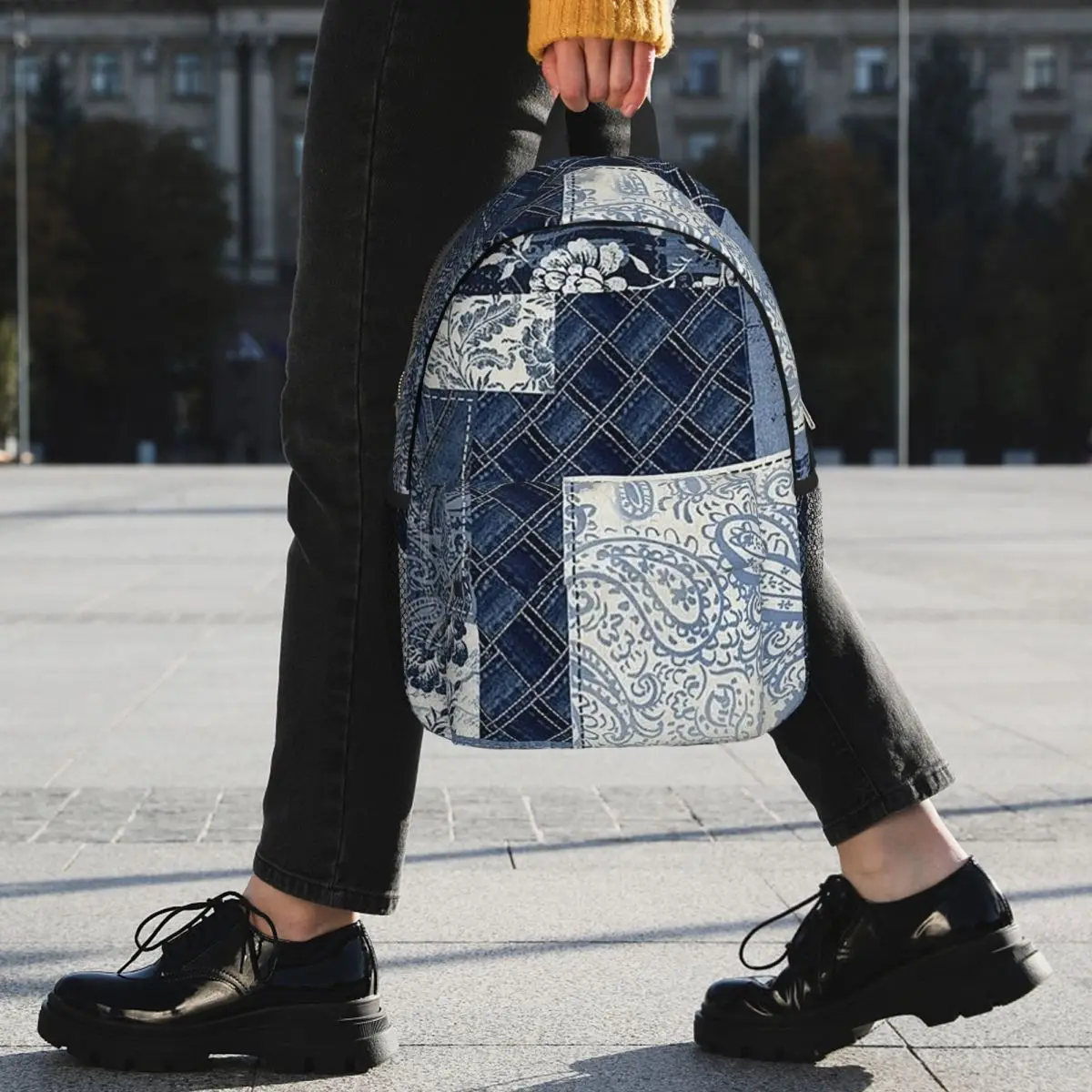 Blue Faux Denim Patchwork Quilt Design Backpack Student BookBag Kids School Bag Computer Shoulder Bags for Men Women