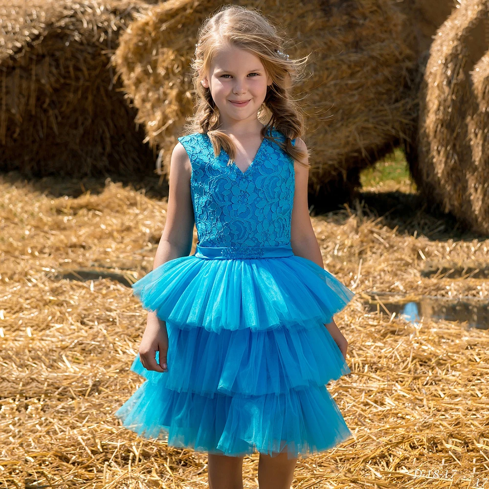 

Charming Blue Flowers Girls Dresses Tiered V Neck Sleeveless Lace A-line Short Kids Birthday Party Dress Pageant Gown