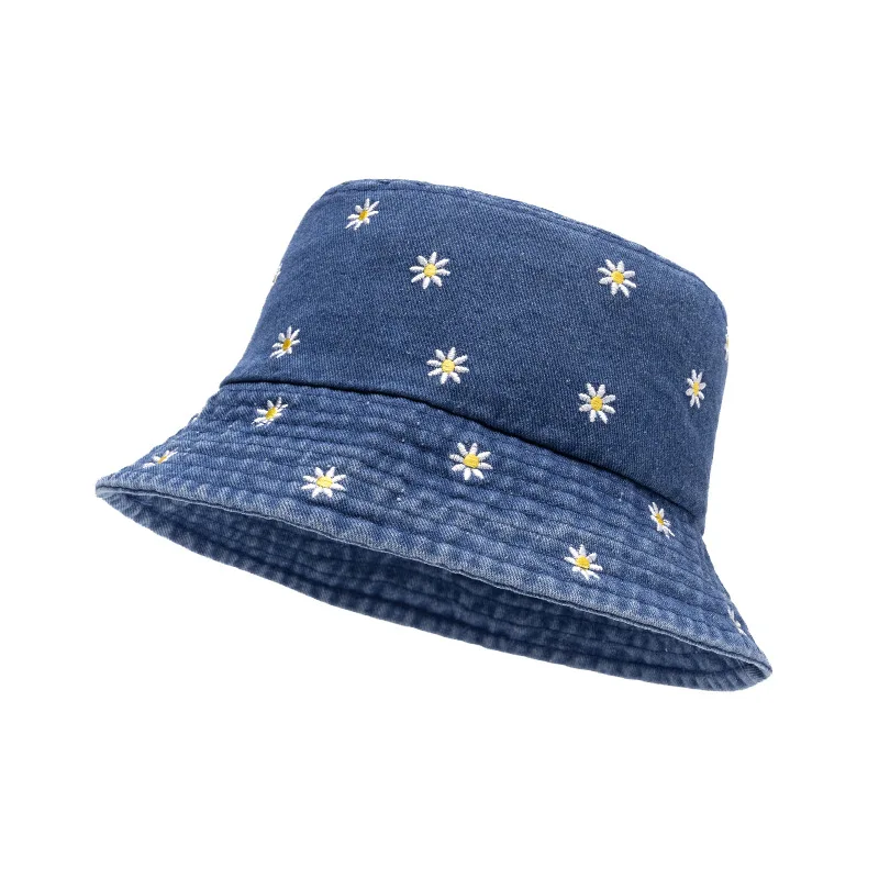 Frühlings- und Sommer-Denim-Fischerhut mit bestickten, gekräuselten Chrysanthemen, Sonnenschutzhut für den Außenbereich, faltbarer Sonnenhut, ein modisches Accessoire, geeignet zum Einkaufen, für