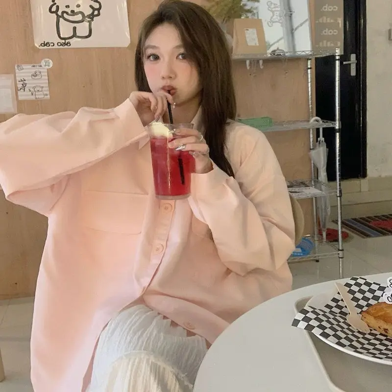

2025 New Pink Loose Long Sleeve Shirt Women's Lazy Style Versatile Big Pocket Sunscreen Outerwear Casual Fashion Polyester Fiber