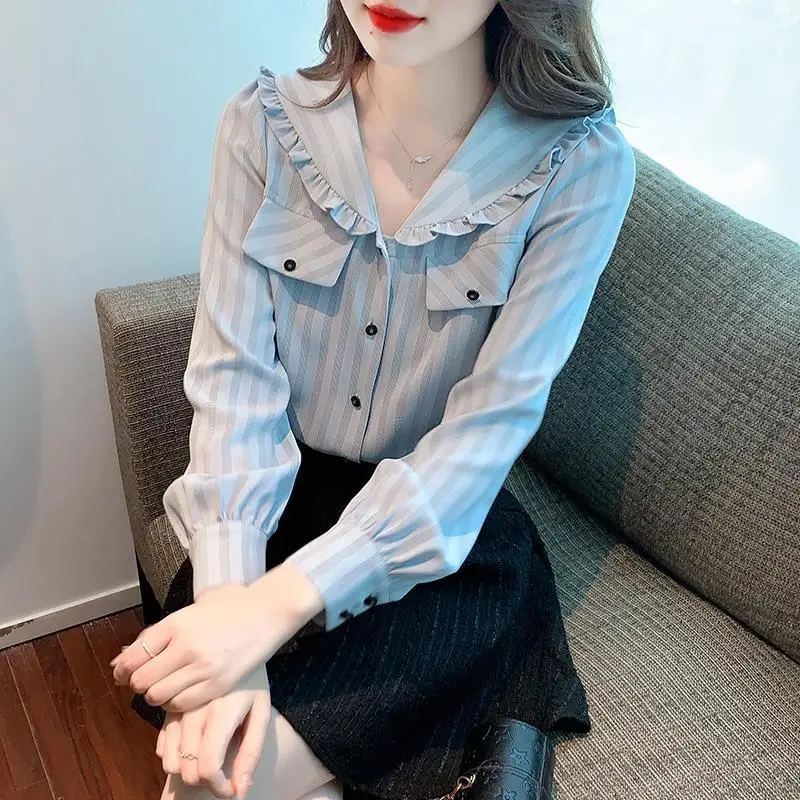 2023 Spring New Striped Peter Pan Collar Fashion Casual Korean Version Women\'s Clothing Loose Spliced Button Commute Blouse