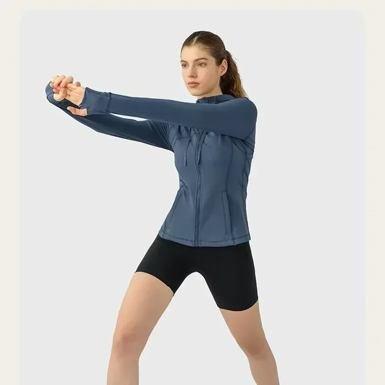 Lemon-Chaqueta para correr para mujer, Sudadera con capucha para gimnasio, camisetas deportivas con cremallera para Yoga, ropa deportiva, sudadera sin costuras con agujero para el pulgar, manga larga