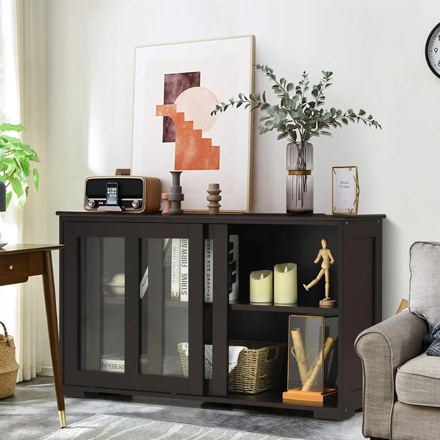 Sideboard Buffet Cabinet, Wooden Kitchen Storage Cabinet with Adjustable Shelf, Sliding Glass Doors, Accent Coffee, Customized