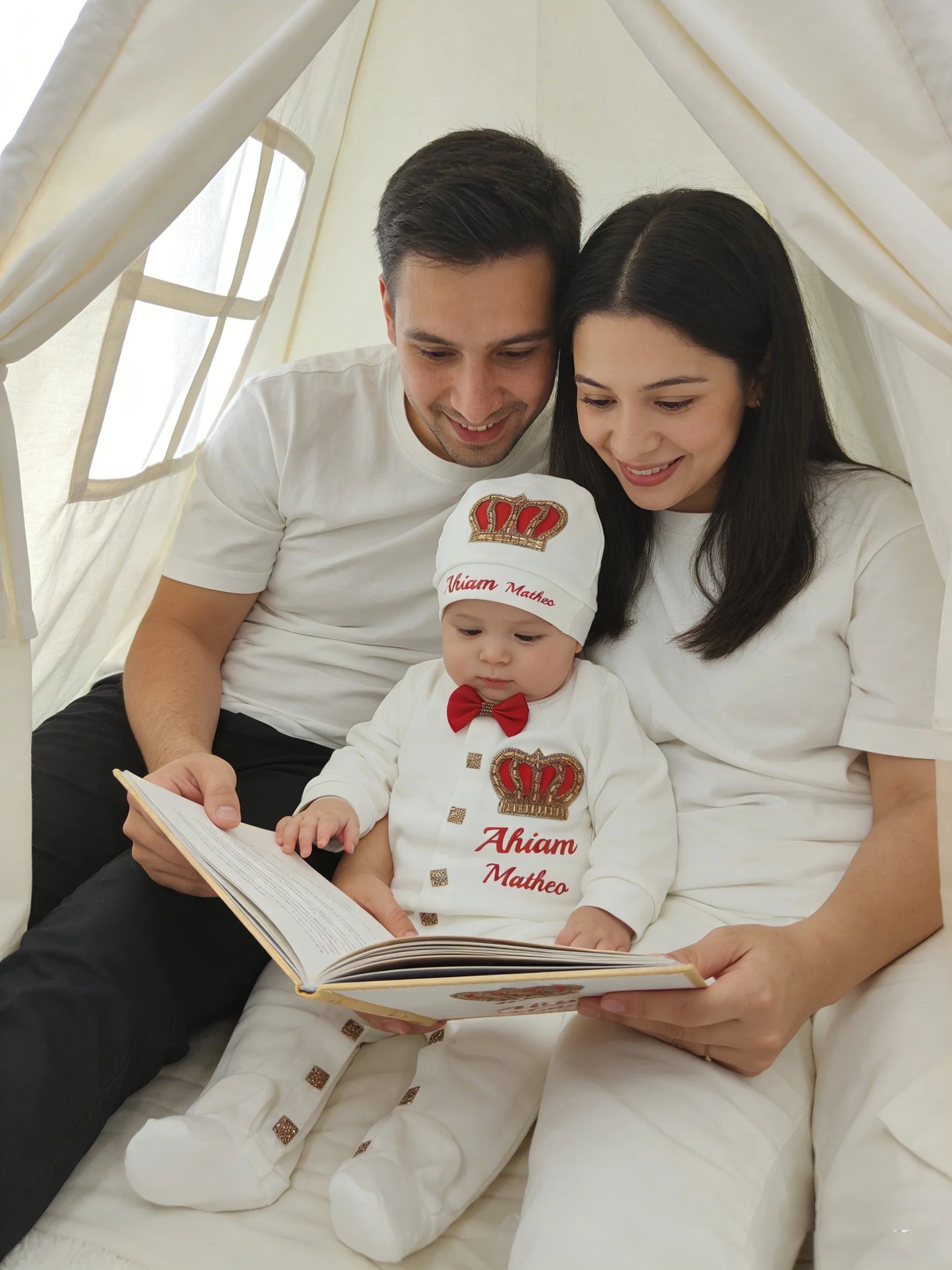 Personalized Baby Royal 4 Piece Set White Crown Footed Romper Perfect for Christening & 1st Birthday Ceremony