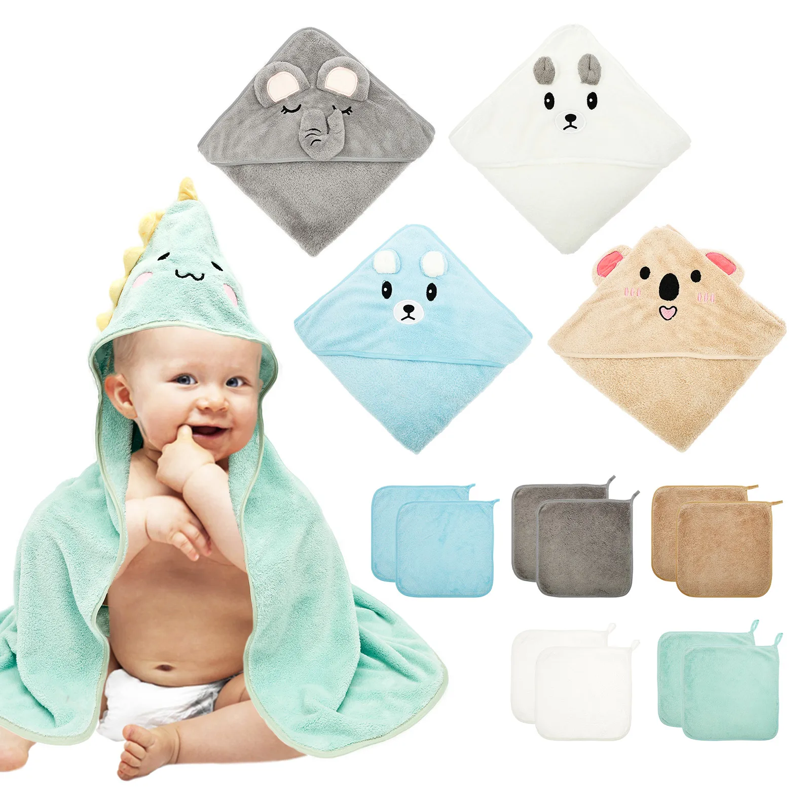 15Pcs Hooded Baby Towel and Washcloth Set Absorbent Coral Fleece Newborn Bath Towel for Girl Boy Infant Toddler Bathrobe Blanket