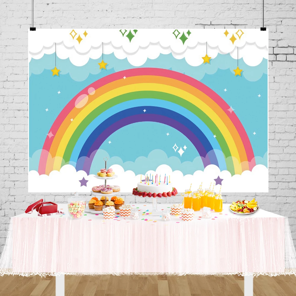 Rainbow Lovely Cloud Star Happy Birthday Party Customized Poster Portrait Photography Backdrop Photo Background For Photo Studio