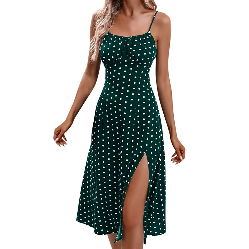 Vestidos veraniegos de lunares para mujer, vestidos de verano con tirantes finos, vestido midi ajustado con abertura lateral, vestido de playa de línea A