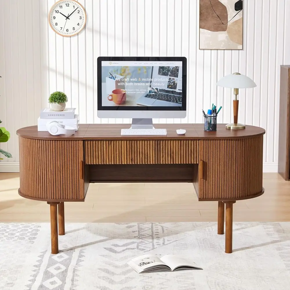Walnut Executive Desk with Sliding Tambour Door for Computer Storage in Study, Living Room, or Bedroom