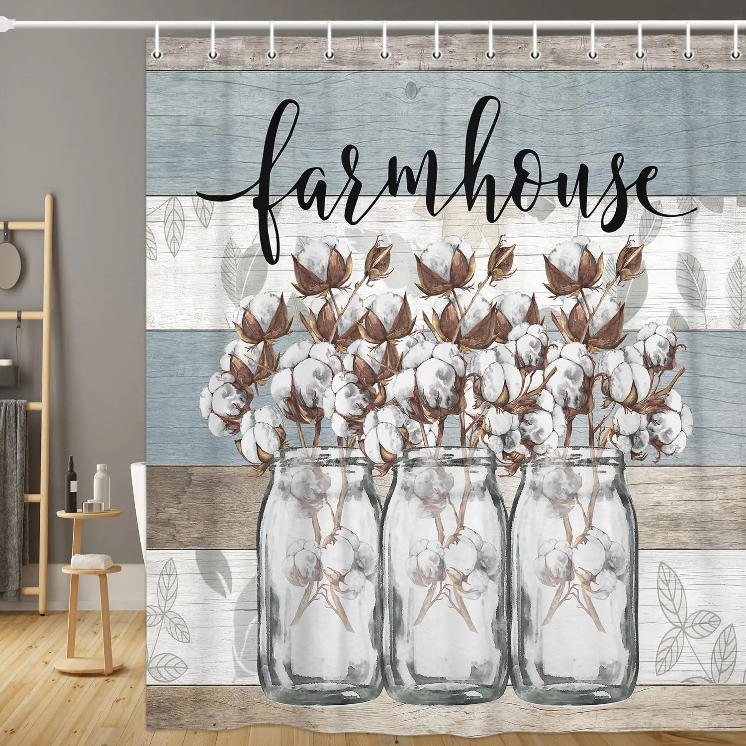 

Farmhouse Cotton Flower in Gray Mason Jar Rustic Country Wood Plank Fabric Shower Curtain, Bathroom Curtains with Hooks
