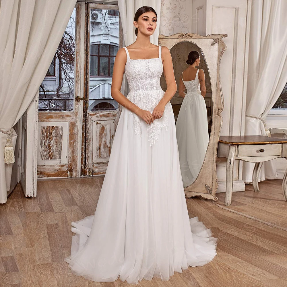 Vestidos de casamento com apliques de renda para mulheres, vestidos de noiva clássicos, cintas de espaguete, bonitos, modernos, colarinho quadrado